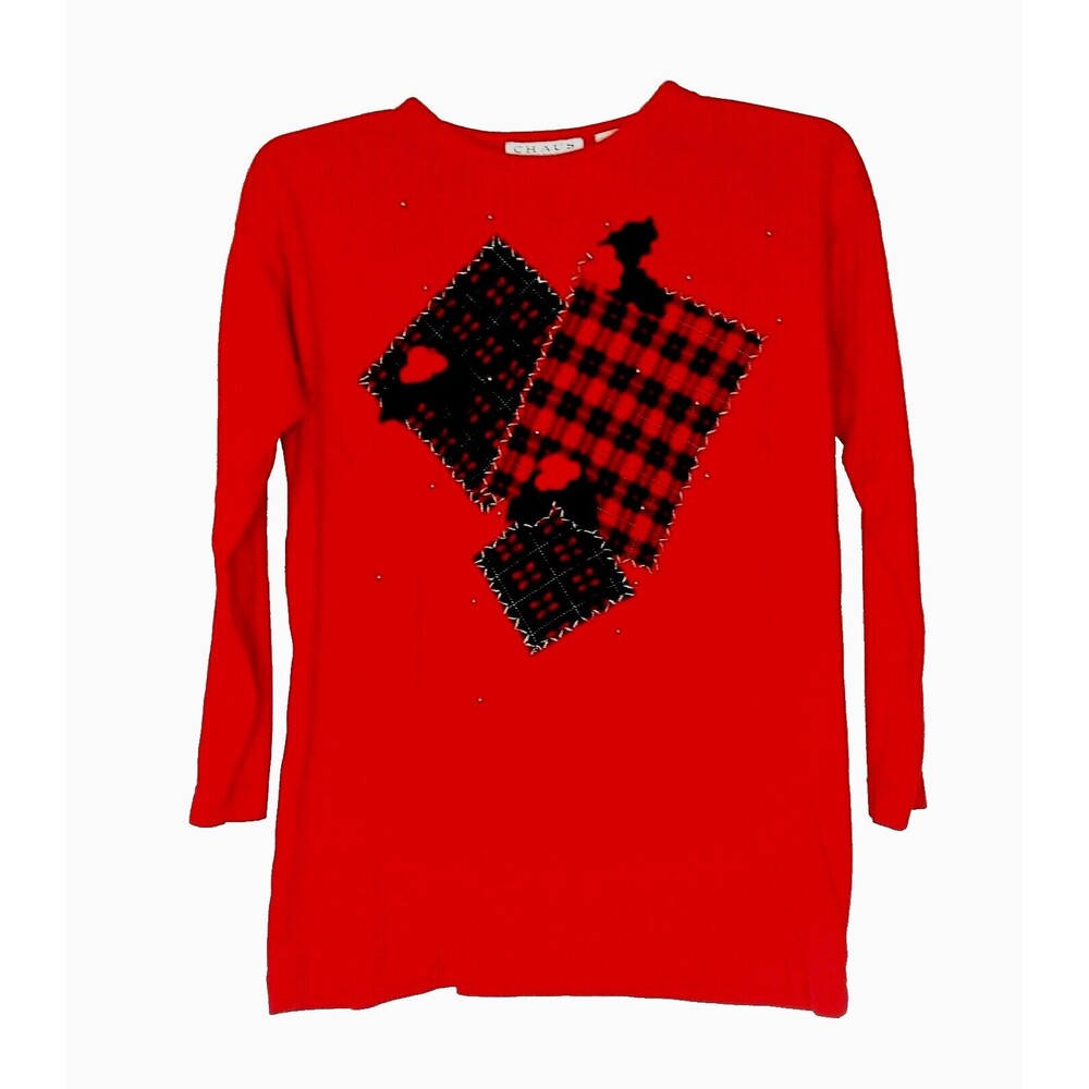 Vintage Christmas Top Shirt Blouse L Long Sleeve Red Green Gold Plaid Beads